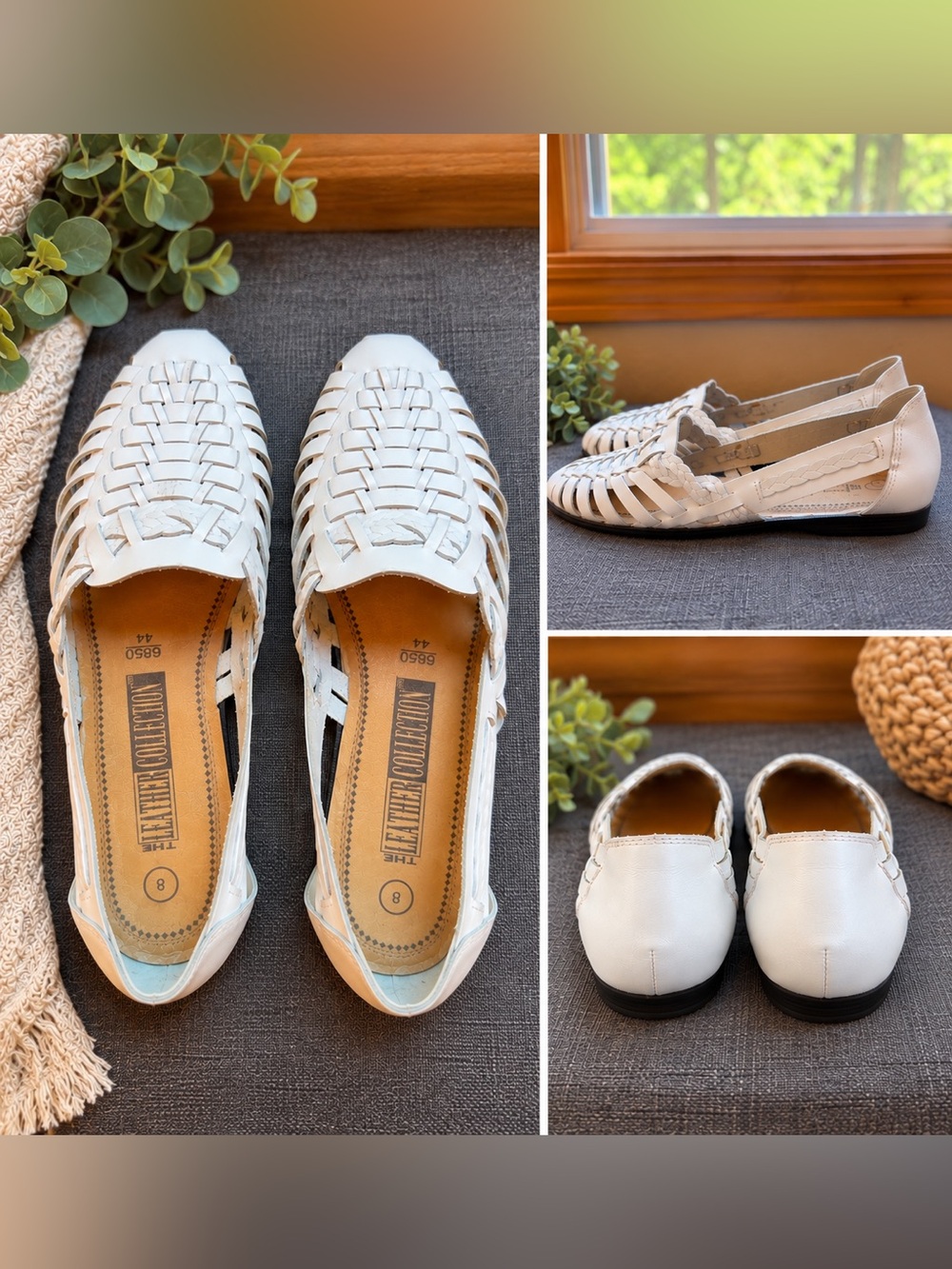 The Leather Collection Women's White Woven Leather Huarache Flats NEW Size 8